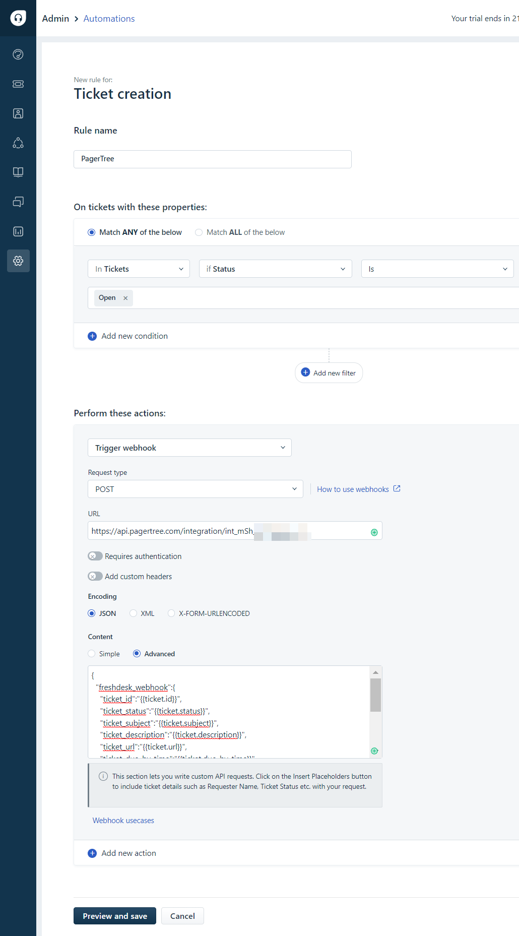 Freshdesk PagerTree Rule for ticket creation